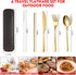 Gold Travel Utensils, Stainless Steel Knives Forks and Spoons Silverware Set, Portable Camping Utensils Set, Set of 7 Gold Utensils Set for School...