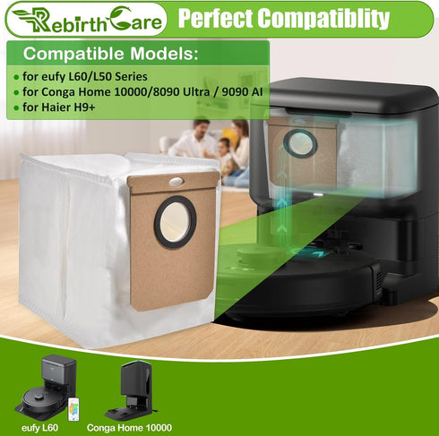 Rebirthcare 12 Pack L50 Dust Bag for eufy L60/L50 Series Self-Empty Station Replacement Bag for Conga Home 10000/8090 Ultra / 9090 AI Accessories ...