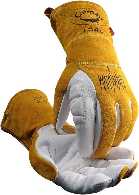 Caiman Premium Goat Grain TIG/Multi-Task Welding Gloves, Split Cowhide Back, 4-Inch Extended Cuff, White/Gold, X-Large (1540-6)...