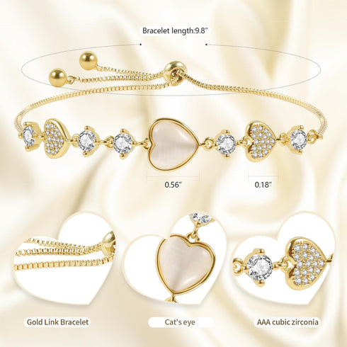 Dainty Adjustable 14K Gold Plated Heart Link Chain Bracelet for Women...