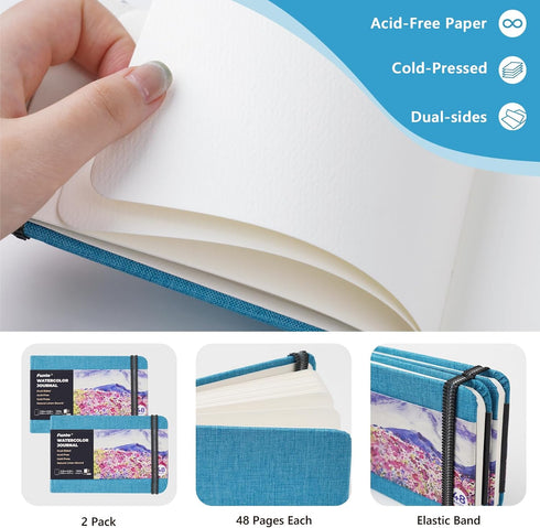 Funto Watercolor Journal, 3.5x5.5, 2 Pack, 48 Pages Each, Blue Cloth Cover?Cold-pressed Watercolor Paper, 110 lb/230 gsm, Art Supplies for Waterco...
