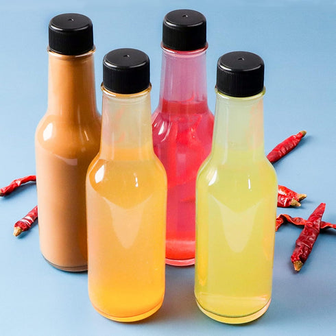30 Pack Hot Sauce Bottles, 5oz Clear Woozy Bottles with Leak Proof Black Screw Caps and Snap On Dripper Inserts, Empty Beverage Bottles with Label...