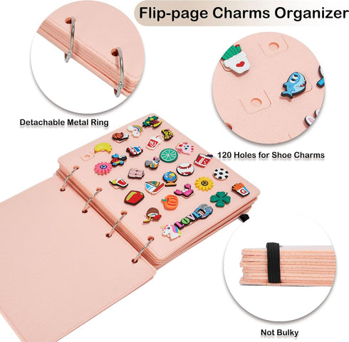 Shoe Charms Organizer for Croc Charms Display, Flip-page Shoe Charms Holder for Croc with 120 Holes for Croc Charms Organizer and Storage in Trave...