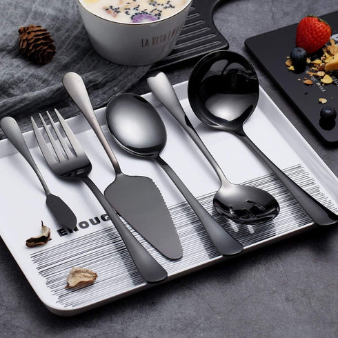 HOMQUEN 6-Piece Black Serving Flatware Silverware Set,Stainless Steel Serving Utensil Set,Include Cake Server, Slotted Serving Spoon, Serving Spoo...