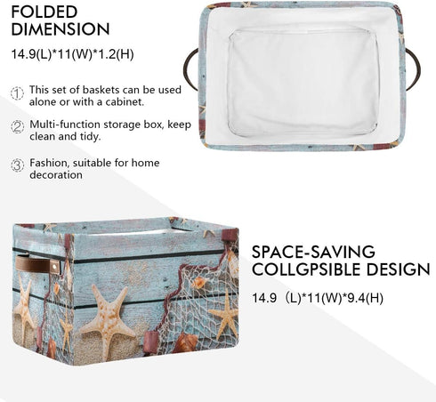 AUUXVA Summer Beach Sand Storage Basket Bin Rustic Wooden Starfish Large Fabric Toys Storage Cube Box with Handles Collapsible Closet Shelf Cloth ...