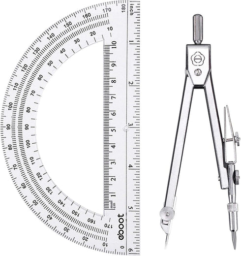 EBOOT Student Geometry Math Set, Drawing Compass and 6 Inch Clear Swing Arm Protractors 180 Degree Math Protractor (Argent, Classic)...