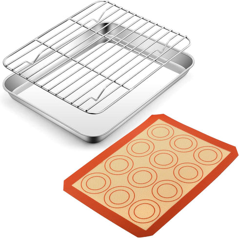Mini Toaster Oven Pan with Rack & Mat Set, P&P CHEF 9 Inch Stainless Steel Small Toaster Oven Tray with Wire Rack & Silicone Mat for Small Oven & ...
