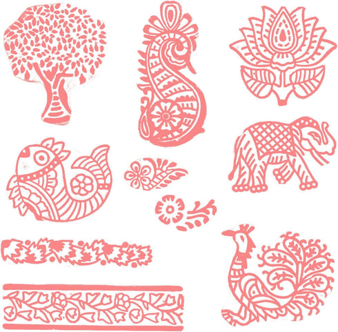 HASHCART Wooden Pottery Stamps for Block Printing - Stamp Set of 10, Made in India Ink Stamps, Wood Blocks for Crafting on Fabric, Blocks, Clay & ...