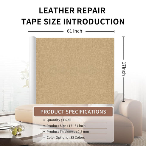 Leather Repair Patch Tape, Beige 17 x 61 Inches Self Adhesive Leather Repair Kit for Furniture, Car Seat,Vinyl Leather Repair Kit for Office Chair...
