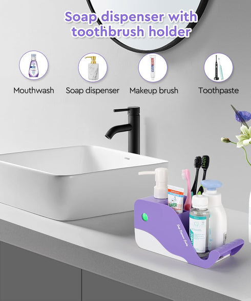 Hand Soap Dispenser with Toothbrush and Toothpaste Holder, Dish Soap Dispenser with Sponge Holder and Brush Holder, Kids Soap Dispenser for Bathro...