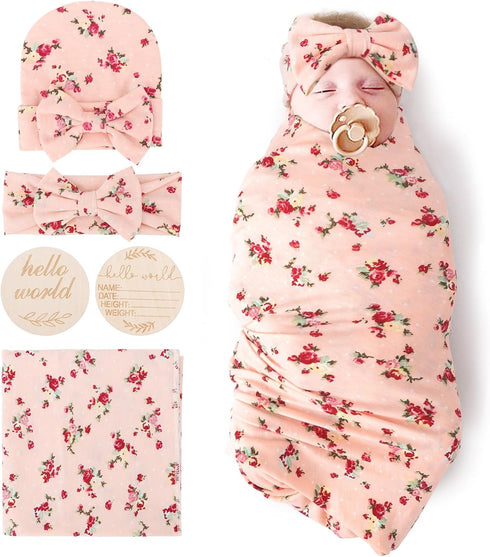 DRESHOW BQUBO Baby Girl Newborn Floral Receiving Blankets with Bow Hat Headband Wooden Birth Announcement Card Set Newborn Baby Swaddling Hats Sle...