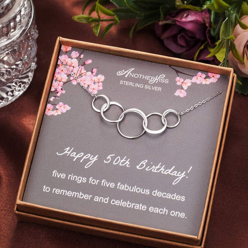 AnotherKiss 50th Birthday Gifts for Women, Sterling Silver 5 Circle Necklace for Her, 5 Rings for 5 Decades Jewelry Gift Ideas...