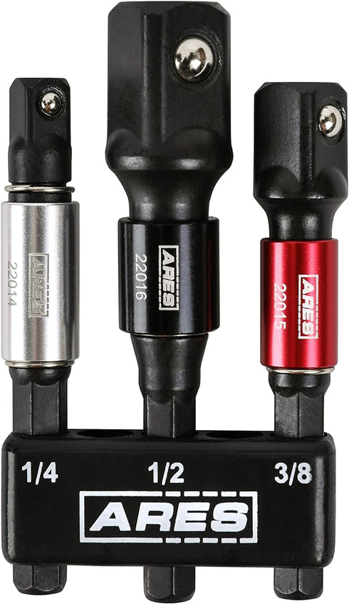 ARES 22011-3-Piece 3-Inch Impact Grade Socket Adapter Set with Color Sleeve - Turns Power Drill into High Speed Nut Driver - 1/4-Inch, 3/8-Inch, a...