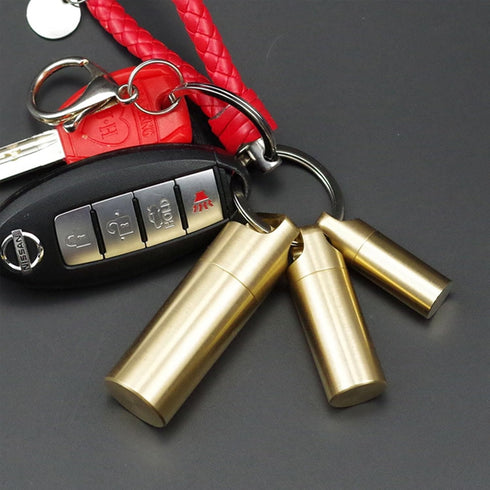 Brass Seals Bottles Keychain,Portable Waterproof Pill Case Key Chain, Mini Canister Medicine Capsule Bottle Pill Container for Outdoor Camping & T...