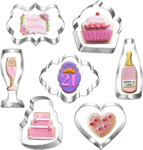 Celebration Cookie Cutter Set-7 Piece-Cake, Heart, Cupcake, Champagne, Wine Bottle, Plaque Cookie Cutter Mold for Birthday Wedding Anniversay Brid...