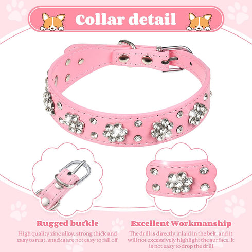 2 Pieces PU Leather Dog Collar Pink Rhinestone Pet Collar Flower Pattern Studded Dog Collar Adjustable Bling Puppy Collar PU Leather Crystal Pet C...
