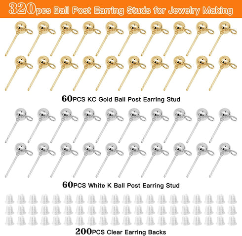 120Pcs Hypoallergenic Ball Studs for Jewelry Making,Round Ball Earring Posts Ball Post Earring Studs with Loop and 200Pcs Clear Earring Backs for ...