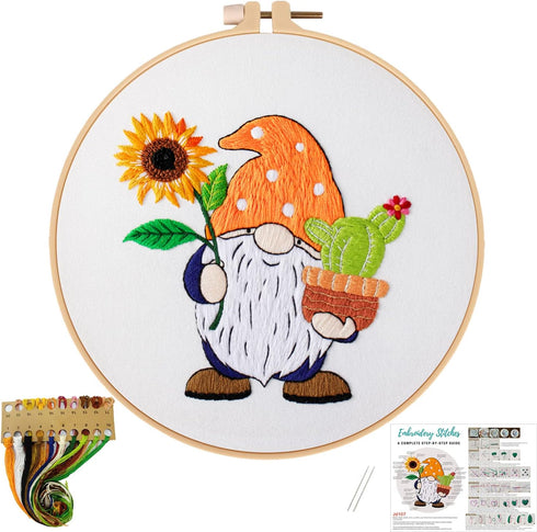 Nuberlic Sunflower Embroidery Kit for Beginners, Full Set of Stamped Gnome Cross Stitch Kit for Adults Including Embroidery Threads, Hoops and Ins...