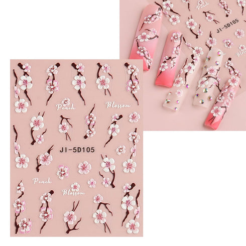 JMEOWIO 3D Embossed Flower Nail Art Stickers Decals Self-Adhesive Pegatinas Uñas 5D Spring Summer Floral Sakura Nail Supplies Nail Art Design Deco...