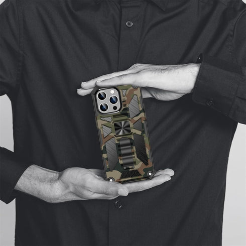 CCSmall Camouflage Case for iPhone 15 Pro with Metal Kickstand, Camo Phone Cover Built-in 360° Rotate Ring Stand Case for iPhone 15 Pro MC Army Gr...