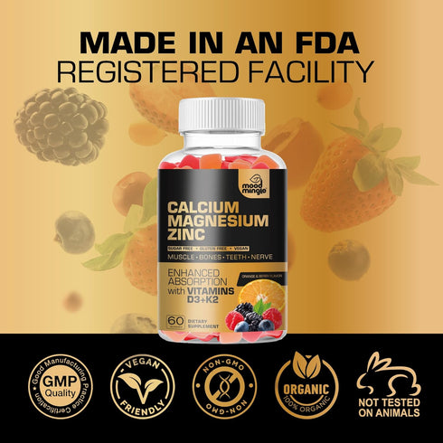 Calcium Magnesium Zinc Supplement Gummies for kids toddler & Adults - Enhanced Absorption with Vitamin D3 & K2 - Sugar Free Gluten Free Cal Mag Zi...