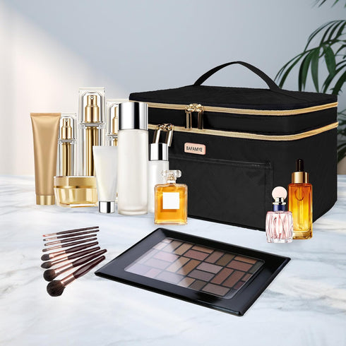 8.8L Double Layer Travel Makeup Bag Women, Large Cosmetic Case, Organizer for Travel-Size Accessories Bottles, Brushes, and Skin Care Products, Bl...