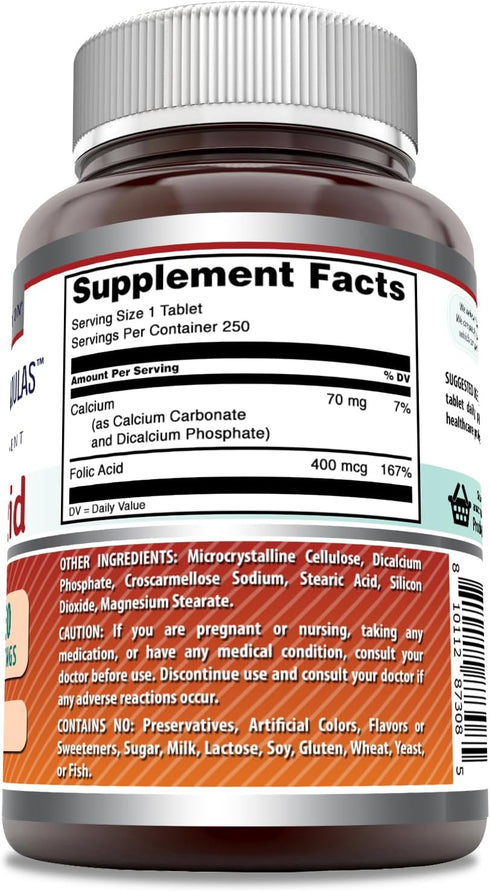 Amazing Formulas Folic Acid (Vitamin B9) 400 mcg Tablets | Non-GMO | Gluten Free | Made in USA (400 mcg, 250, Count)...