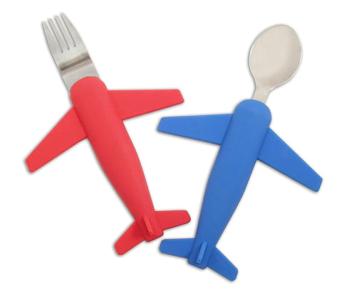 Kids' Airplane Fork & Spoon Set, Stainless Steel & Silicone...