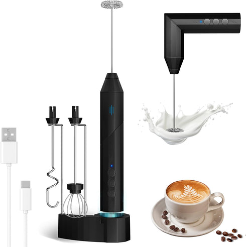 Milk Frother Handheld, USB-C Rechargeable Coffee Frother Wand, Electric drink mixer with Charging Base&3 Heads,3 Speeds Adjustable, Electric Whisk...