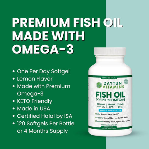Zaytun Halal Fish Oil 1200mg Omega 3, Premium EPA/DHA, One Per Day, Supports Brain, Heart, Joint Health - 4 Months Supply, Lemon Flavor, Keto Frie...