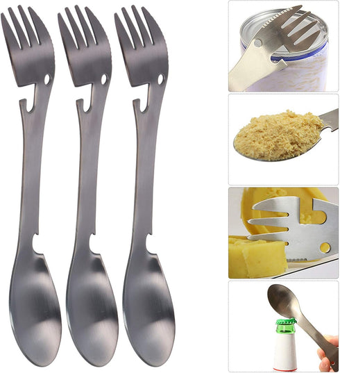 Camping Eating Utensils, 5 in 1 Utility Tactical Spork Portable Stainless Steel Fork Spoon BBQ Cutlery with Sawtooth Multifunctional Bottle Opener...