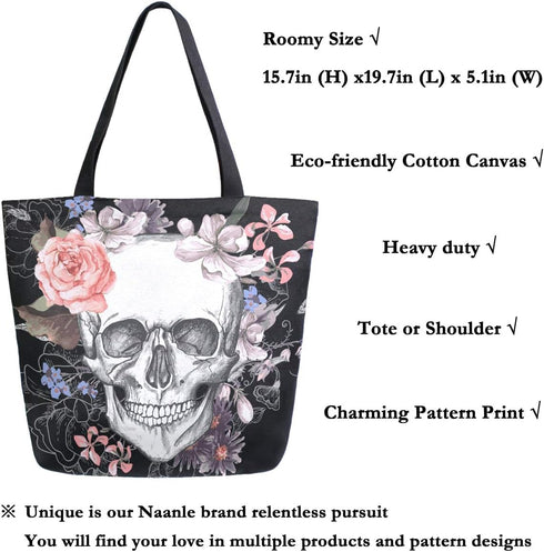 Naanle Day of The Dead Canvas Tote Bag - Large Women's Casual Shoulder Handbag, Floral Skull Reusable Multipurpose Heavy Duty Shopping Grocery Cot...