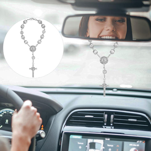 4 Pcs Car Rosary Saint Benedict Silver Rosary Rearview Mirror Hang Auto Rosary with Car St Christopher Visor Medal Car Cross Religious Accessory B...