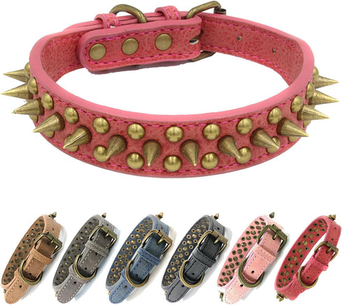 Spiked Studded Dog Collar-Bronze Pointed Stud Anti-Bite Collar (Red,M)...