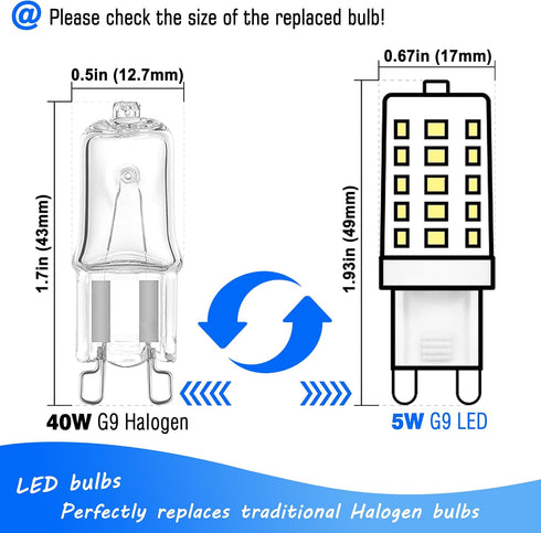G9 LED Bulb Dimmable 5W 6000K Daylight Bright White, G9 40 Watt Halogen Replacement, AC120V G9 Bipin Base LED Bulbs for Chandelier Light, 0-100% D...