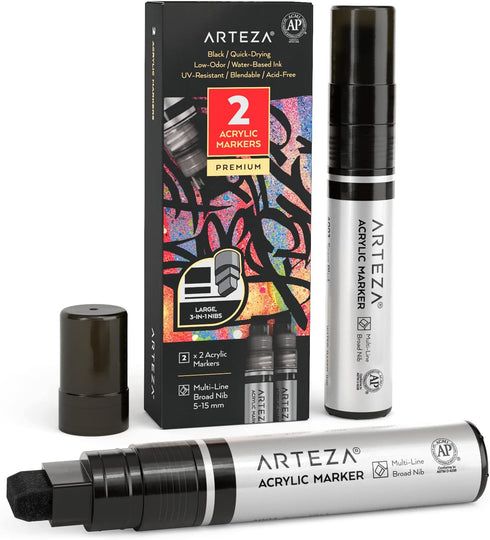 ARTEZA Acrylic Paint Pens, Pack of 2, Black, 3-in-1 Multi-Line Nibs, 5–15 mm Line, UV-Resistant Paint Markers for Rocks, Glass, Metal, and Wood, A...