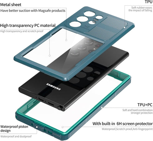 Waterproof Samsung Galaxy S23 Ultra Case with Built-in Screen Protector, Heavy Duty Full Body Protection, Shockproof Clear Blue Cover...