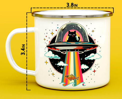 Retro UFO Cat Fish Abduction Extraterrestrial Paranormal Enamel Campfire Mug, Fun Outdoor Camping Coffee Cup (16oz)...