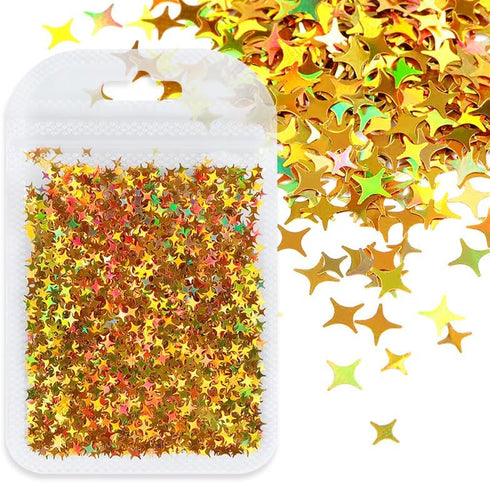 Four-Pointed Star Nail Art Glitter Sequins, 1Pack 3D Holographic Nail Art Glitter Flakes Laser Gold Thin Nail Art Sequins Star Acrylic Nails Suppl...
