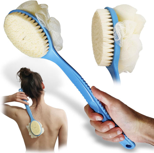 2in1 Shower Brush with Loofah - Long Handle Back Scrubber Brush Exfoliating Skin Bath Mesh Sponge Back, Body, and Feet, Soft Massage Bristles for ...
