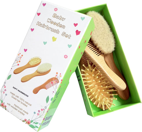 3 Piece Baby Hair Brush and Comb Set for Newborn & Toddlers- Natural Wooden Hairbrush with Soft Goat Bristles for Cradle Cap - Perfect Scalp Groom...
