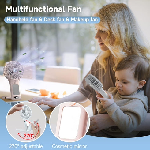 Mini Handheld Fan,4 Speed Adjustable Portable Battery Operated Fans,USB Rechargeable Desk Fan with Mirror,Max 20 Hrs Hand Fan For Travel Office Ou...