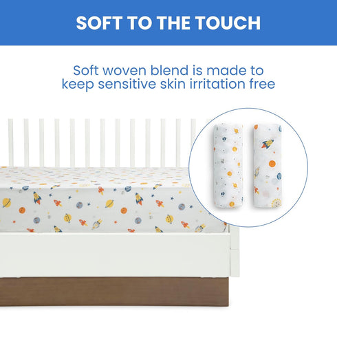 Delta Children Fitted Crib Sheets for Girls and Boys - Crib Sheet for Standard Crib and Toddler Mattresses - 28x52 Inch (Pack of 2), Space Explora...