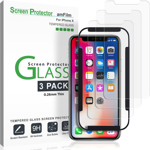 amFilm (3-Pack iPhone XS/X Screen Protector, 0.26mm 9H Tempered Glass Screen Protector with Easy Installation Tray for Apple iPhone 10....