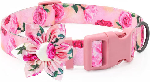 Dog Collar Floral Girl Pink Dog Collar with Rose Flower Bow Tie Dog Collar for Cute Female Cats Dogs Spring Summer Season Dog Collar for Small Med...