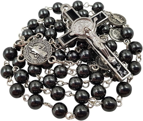 TALISMAN4U CATHOLIC ROSARY NECKLACE Black Hematite Beads Saint St Benedict Medal & Cross Gift Box...