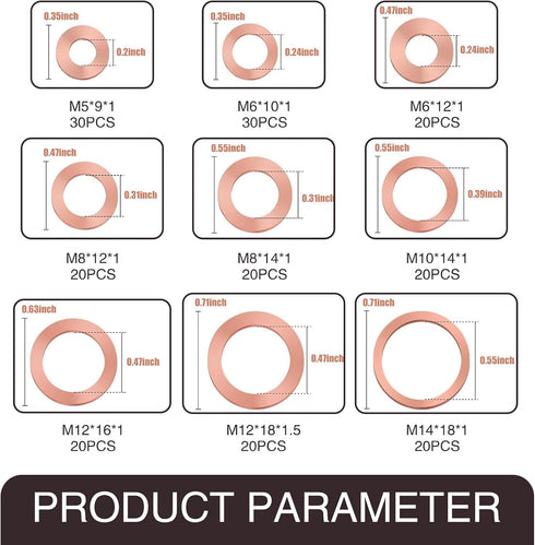 Pack-200 Automobile Copper Flat Gasket Assortment Combination Set, Engine Oil Pan Sealing Gasket, M5 M6 M8 M10 M12 M14 Multi-Specification Metric ...
