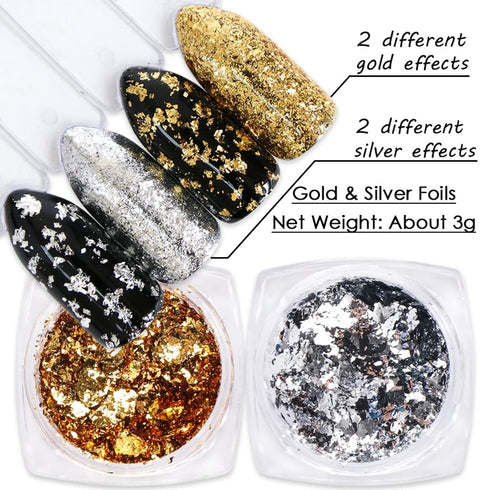 Holographic Gold Silver Nail Foil Glitter Flakes 3D Sparkly Aluminum Foil Flake Mirror Powder Nail Art Supplies Irregular Foil Glitter Chip Nail D...