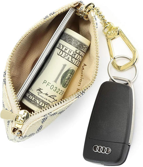 Luxury Zip Key Chain Pouch | Mini Coin Purse Wallet Card Holder with Clasp | for Men Women (Cream)...