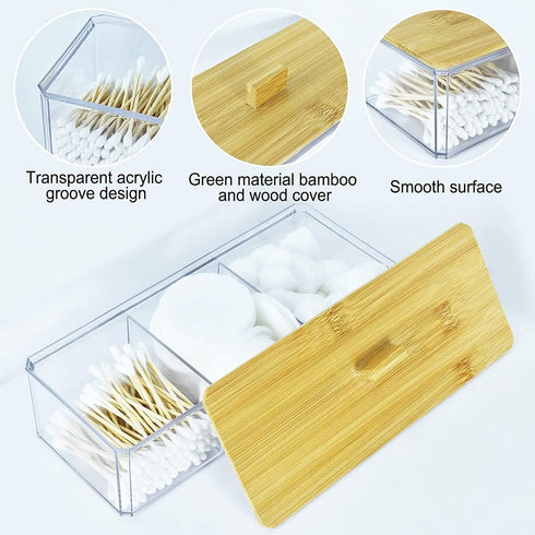 Acrylic Qtip Holder Dispenser with Wood Lid, 3 Compartment Cotton Ball Holder, Bathroom Organizer for Q Tip, Cotton Swab and Cotton Pad Holder, Va...